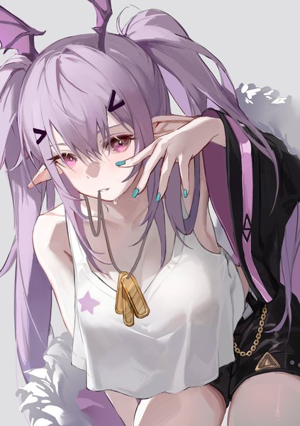 Anime picture 1444x2048 with arknights manticore (arknights) weifengbing single long hair tall image looking at viewer fringe breasts light erotic hair between eyes large breasts purple eyes twintails purple hair nail polish pointy ears leaning leaning forward head wings