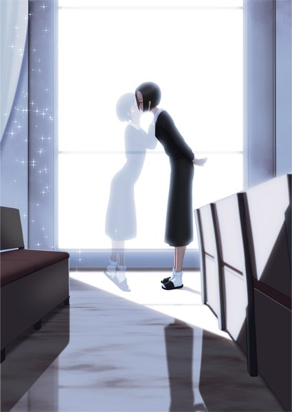 Anime picture 652x921 with original nanahime (aoi) tall image short hair black hair standing multiple girls eyes closed sunlight leaning leaning forward hands behind back shoujo ai kiss ghost girl dress 2 girls socks shoes
