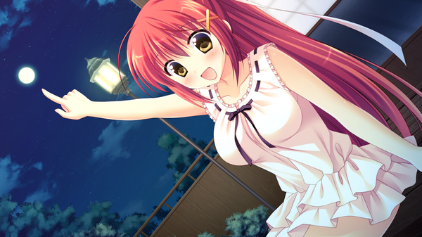 Anime picture 1280x720 with natsu koi high pressure nanase hikari ayamisiro single long hair looking at viewer blush breasts open mouth smile wide image large breasts sitting brown eyes game cg cloud (clouds) ponytail red hair night night sky