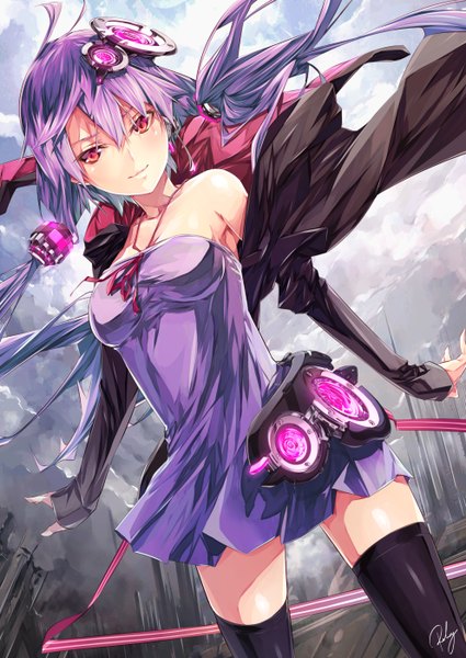 Anime picture 992x1400 with vocaloid yuzuki yukari re lucy single long hair tall image looking at viewer blush smile red eyes twintails bare shoulders signed purple hair wind zettai ryouiki low twintails revision girl thighhighs