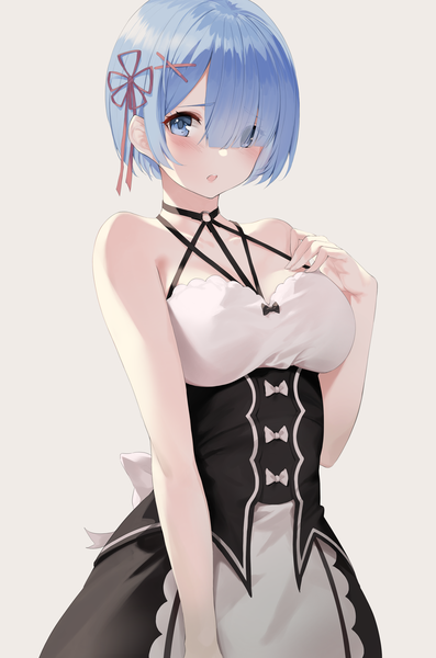 Anime picture 2355x3555 with re:zero kara hajimeru isekai seikatsu white fox rem (re:zero) star741 single tall image looking at viewer blush fringe highres short hair breasts open mouth blue eyes simple background standing bare shoulders blue hair hair over one eye grey background