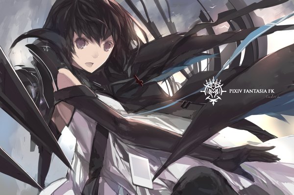 Anime picture 2267x1511 with original pixiv fantasia pixiv fantasia fallen kings paradise (character) swd3e2 single long hair looking at viewer highres open mouth black hair signed grey eyes logo girl dress gloves elbow gloves mobile phone