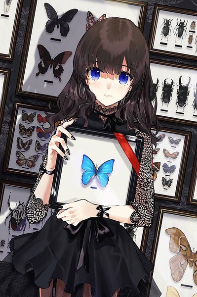 Anime picture 761x1145 with original teshima nari single long hair tall image looking at viewer fringe blue eyes brown hair standing holding indoors nail polish fingernails black nail polish girl dress ribbon (ribbons) black dress insect