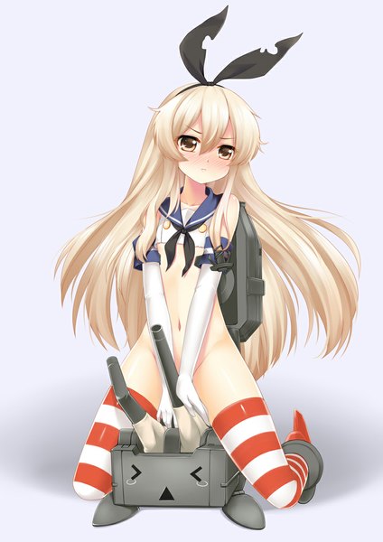 Anime picture 827x1169 with kantai collection shimakaze destroyer rensouhou-chan langlong single long hair tall image blush light erotic brown eyes white hair girl thighhighs gloves navel bow weapon hair bow elbow gloves striped thighhighs