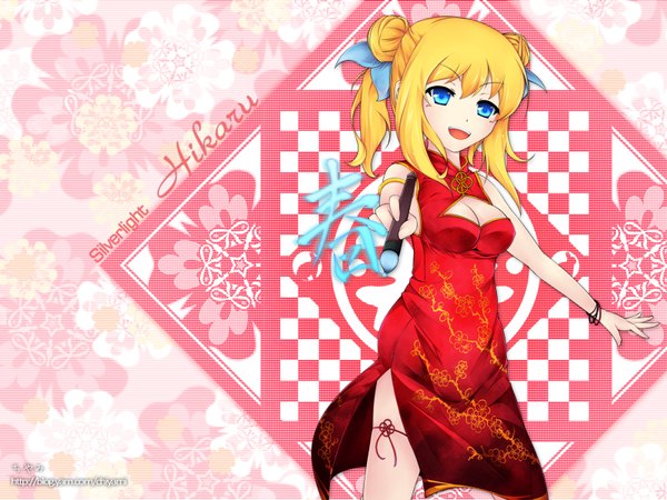 Anime picture 1600x1200 with microsoft aizawa hikaru single open mouth blue eyes blonde hair chinese clothes girl flower (flowers) bracelet chinese dress