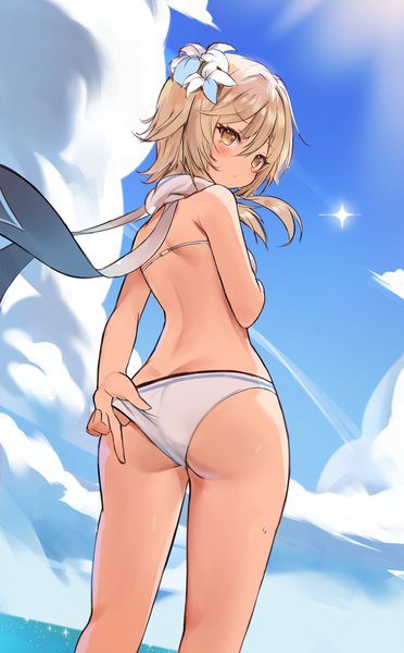 Anime picture 1548x2500 with genshin impact lumine (genshin impact) orobou single tall image looking at viewer blush fringe short hair light erotic blonde hair hair between eyes standing yellow eyes payot sky cloud (clouds) outdoors ass head tilt