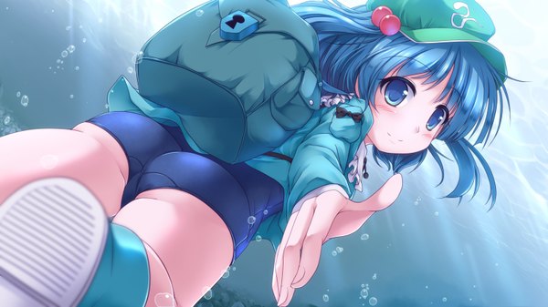 Anime picture 1600x900 with touhou kawashiro nitori lzh single blush short hair blue eyes light erotic wide image blue hair two side up underwater girl swimsuit one-piece swimsuit school swimsuit backpack flat cap