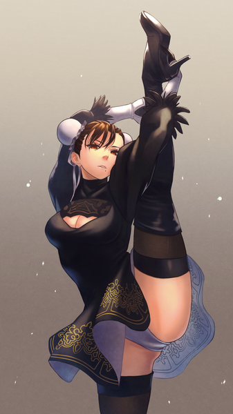 Anime picture 2160x3840 with nier nier:automata street fighter capcom yorha no. 2 type b chun-li hara kenshi single tall image looking at viewer highres short hair breasts light erotic simple background brown hair standing brown eyes cleavage grey background