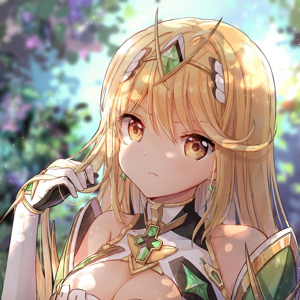 Anime picture 1800x1800 with xenoblade xenoblade 2 mythra (xenoblade) luli ovo single long hair fringe highres breasts blonde hair hair between eyes large breasts yellow eyes cleavage upper body adjusting hair girl gloves earrings