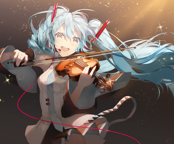 Anime picture 1802x1488 with vocaloid uta ni katachi wa nai keredo (vocaloid) hatsune miku saihate (d3) single looking at viewer fringe highres open mouth blue eyes hair between eyes twintails blue hair very long hair sparkle playing instrument girl detached sleeves necktie headphones