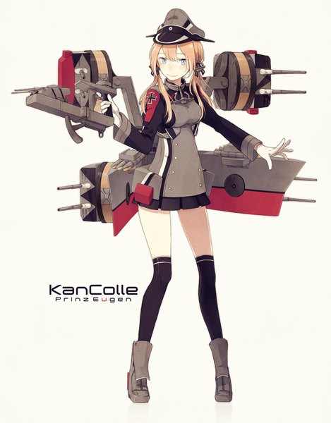 Anime picture 1251x1600 with kantai collection prinz eugen (kantai collection) o-ishi single long hair tall image blush fringe blue eyes simple background blonde hair smile hair between eyes standing white background twintails full body copyright name character names low twintails