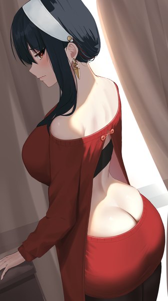 Anime picture 1400x2500 with spy x family yor briar clisapex single long hair tall image looking at viewer breasts light erotic black hair red eyes large breasts standing bare shoulders payot ass long sleeves profile from behind wavy mouth