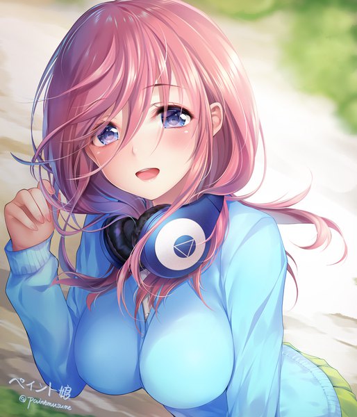 Anime picture 827x965 with go-toubun no hanayome nakano miku paint musume single long hair tall image looking at viewer blush fringe breasts open mouth blue eyes smile hair between eyes large breasts standing signed pink hair long sleeves :d