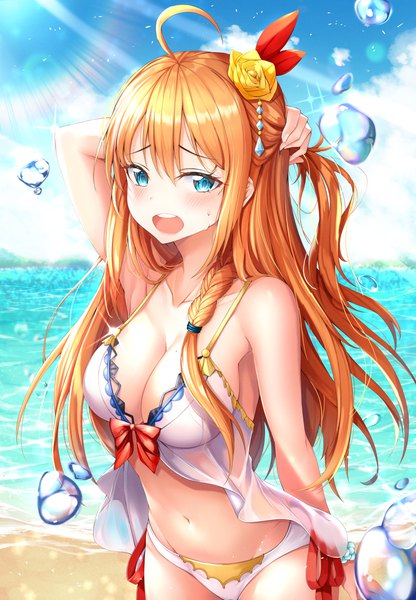 Anime picture 3000x4324 with princess connect! re:dive princess connect! pecorine (princess connect!) w wonjin single long hair tall image blush fringe highres breasts open mouth blue eyes light erotic hair between eyes standing sky cleavage cloud (clouds) ahoge