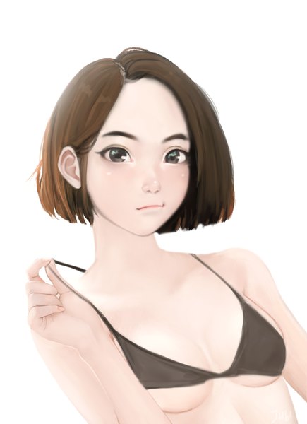 Anime picture 1698x2343 with original jubi (regiana) single tall image looking at viewer short hair breasts light erotic simple background brown hair white background bare shoulders signed upper body arm up black eyes realistic bikini pull girl swimsuit