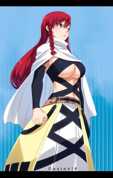 Anime picture 1623x2563 with fairy tail irene belserion tongasart mashima hiro single long hair tall image blush fringe breasts light erotic simple background hair between eyes large breasts standing brown eyes signed looking away red hair braid (braids)
