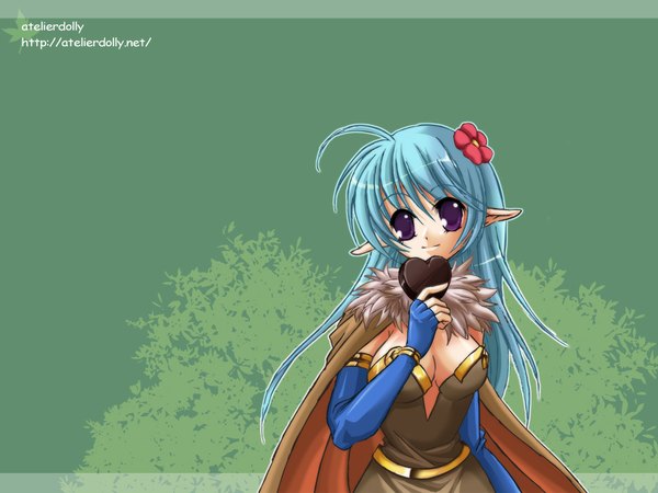 Anime picture 1024x768 with ragnarok online alchemist (ragnarok online) breasts light erotic purple eyes blue hair cleavage pointy ears wallpaper elf food sweets cape chocolate