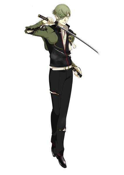 Anime picture 1000x1414 with touken ranbu nitroplus uguisumaru shirano (artist) single tall image looking at viewer fringe short hair yellow eyes full body one eye closed green hair hair over one eye official art torn clothes transparent background boy weapon sword