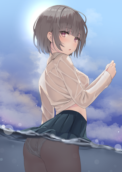 Anime picture 992x1400 with original reinama single tall image looking at viewer blush fringe short hair light erotic standing purple eyes sky cloud (clouds) outdoors ass blunt bangs long sleeves pleated skirt looking back grey hair