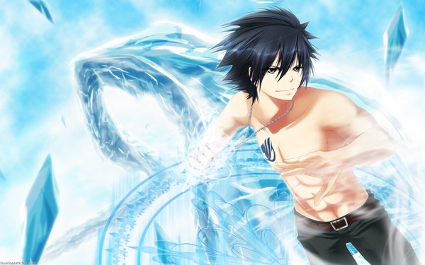 Anime picture 1680x1050 with fairy tail gray fullbuster blackrabbit0626 single short hair black hair smile wide image grey eyes tattoo magic muscle boy pants cross magic circle ice debris