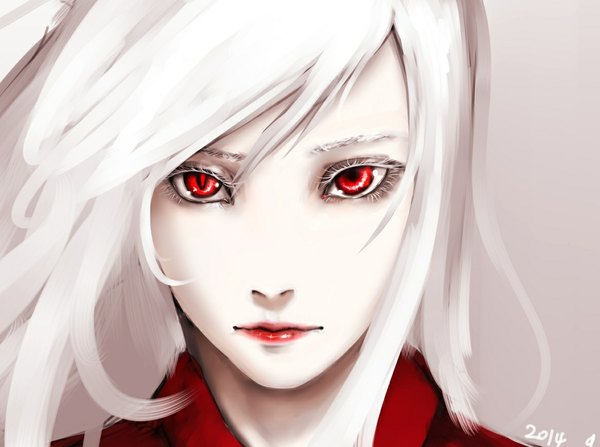 Anime picture 1166x869 with original horori (halloweenday309) single long hair looking at viewer fringe simple background red eyes white hair traditional clothes japanese clothes lips realistic grey background lipstick floating hair dated portrait face pale skin