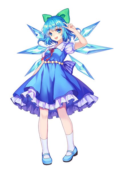 Anime picture 700x981 with touhou cirno mirror (xilu4) single tall image short hair open mouth blue eyes simple background white background blue hair full body puffy sleeves victory frilled dress girl dress bow hair bow wings