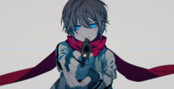 Anime picture 1200x612 with aotu world kamier kanose single looking at viewer fringe short hair blue eyes black hair simple background hair between eyes wide image holding pointy ears grey background boy gloves weapon scarf fingerless gloves