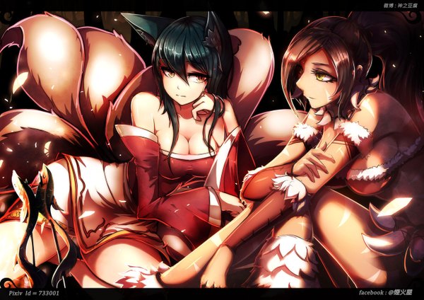 Anime picture 1300x919 with league of legends ahri (league of legends) nidalee (league of legends) beanbean1988 long hair breasts black hair red eyes brown hair bare shoulders multiple girls animal ears yellow eyes ponytail tail animal tail fox ears fox tail fox girl girl