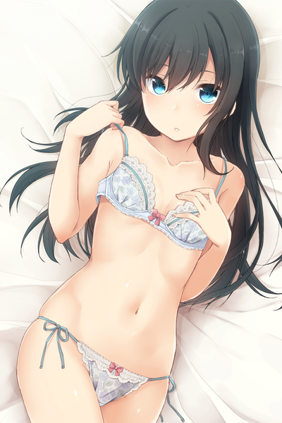 Anime picture 800x1201 with kantai collection asashio destroyer nagami yuu single long hair tall image looking at viewer blue eyes light erotic black hair underwear only girl navel underwear panties lingerie bra