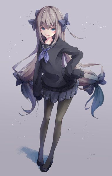 Anime picture 1017x1600 with original ninniku mashimashi single long hair tall image looking at viewer fringe open mouth blue eyes simple background hair between eyes standing twintails payot silver hair full body long sleeves pleated skirt grey hair grey background
