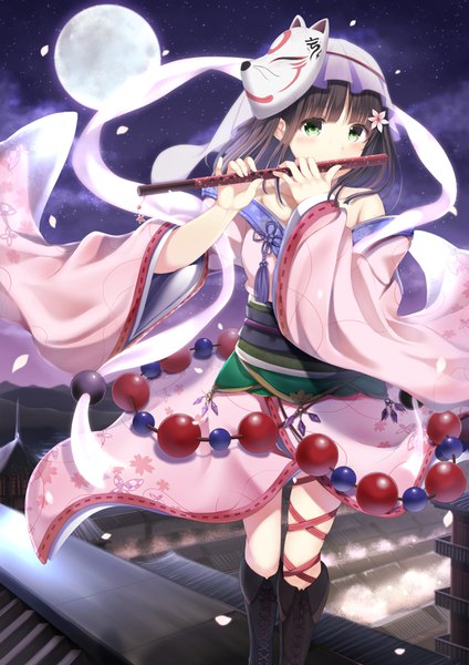 Anime picture 2480x3507 with original yukimochi kinako single long hair tall image looking at viewer blush highres black hair green eyes traditional clothes japanese clothes night mask on head playing instrument girl petals kimono moon obi