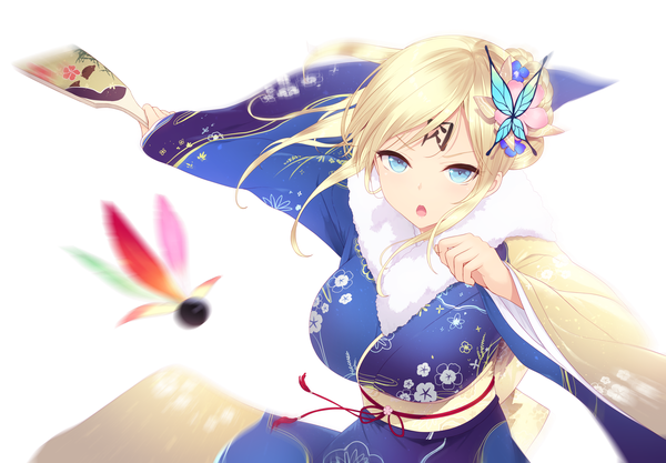 Anime picture 6614x4606 with boku wa tomodachi ga sukunai kashiwazaki sena cait single looking at viewer blush highres short hair breasts open mouth blue eyes blonde hair large breasts holding payot absurdres upper body traditional clothes japanese clothes from above