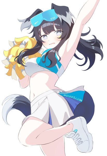 Anime picture 2365x3435 with blue archive hibiki (blue archive) hibiki (cheerleader) (blue archive) bazz000033 single long hair tall image looking at viewer highres black hair simple background white background animal ears tail animal tail arm up armpit (armpits) midriff grey eyes official alternate costume