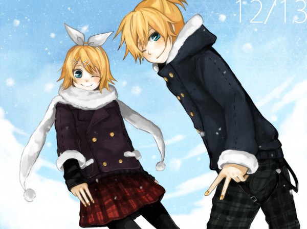 Anime picture 1213x909 with vocaloid kagamine rin kagamine len tama (songe) short hair blue eyes blonde hair smile nail polish one eye closed wink plaid skirt victory snowing winter double buttons girl skirt hair ornament ribbon (ribbons)