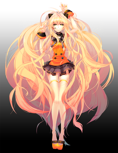 Anime picture 870x1128 with vocaloid seeu nine (artist) single tall image looking at viewer fringe simple background blonde hair smile green eyes animal ears very long hair cat ears girl thighhighs skirt miniskirt bracelet bowtie