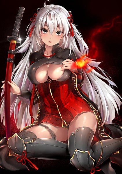 Anime picture 984x1400 with fate (series) fate/grand order koha-ace okita souji (fate) (all) okita souji alter (fate) chiyingzai single long hair tall image looking at viewer blush fringe breasts open mouth light erotic simple background hair between eyes sitting holding cleavage