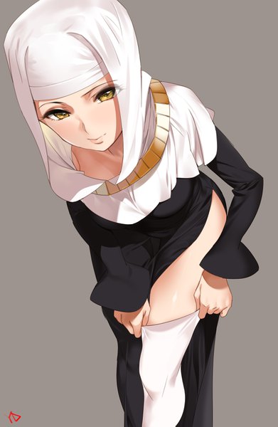 Anime picture 2079x3189 with fate (series) fate/extra fate/extra ccc sesshouin kiara yd (orange maru) single tall image looking at viewer highres light erotic simple background smile standing yellow eyes grey background leaning leaning forward side slit nun dressing