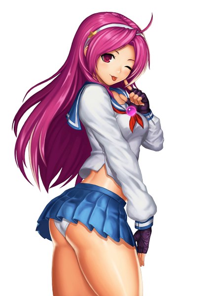 Anime picture 900x1286 with the king of fighters snk asamiya athena fistful single long hair tall image looking at viewer light erotic simple background red eyes white background purple hair one eye closed wink pantyshot :p girl gloves underwear