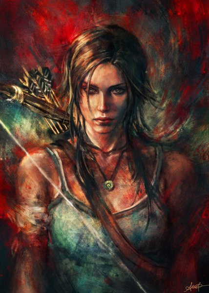 Anime picture 3000x4200 with tomb raider lara croft alicexz single long hair tall image highres brown hair bare shoulders signed lips realistic grey eyes girl pendant blood bandage (bandages) bow (weapon) arrow (arrows)