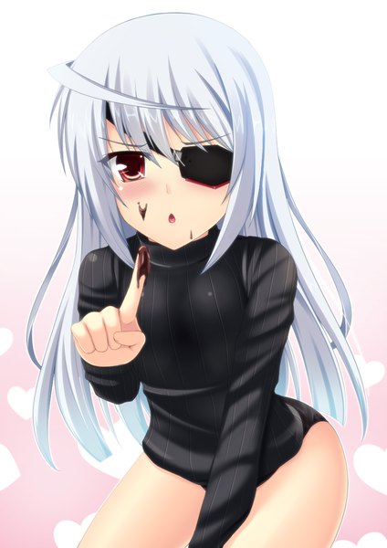 Anime picture 827x1169 with infinite stratos 8bit laura bodewig koneko (nonnkimono) single long hair tall image blush open mouth light erotic red eyes white hair girl food sweets sweater eyepatch chocolate