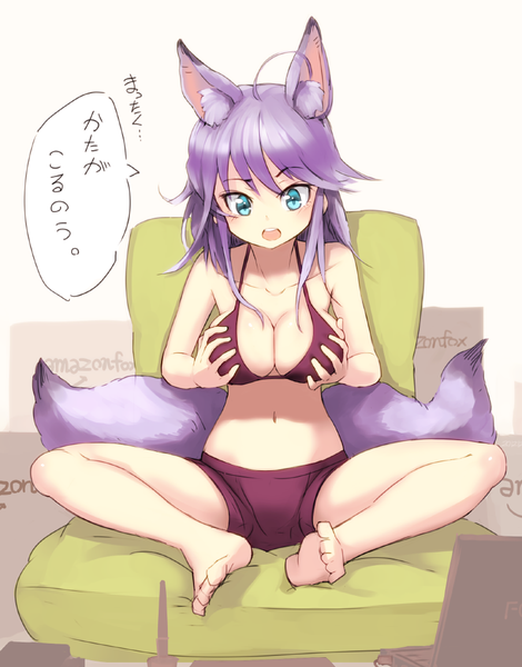 Anime picture 800x1021 with original nosuku single tall image blush short hair breasts open mouth light erotic sitting animal ears purple hair ahoge tail animal tail aqua eyes fox ears fox tail multiple tails girl