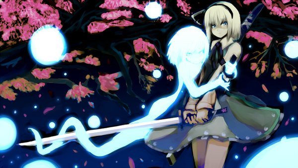 Anime picture 1358x766 with touhou konpaku youmu myon looking at viewer fringe short hair wide image silver hair aqua eyes hug cherry blossoms glowing ghost girl skirt weapon plant (plants) shirt petals sword