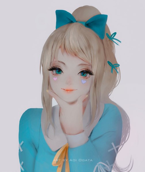 Anime-Bild 1335x1590 mit original aoi ogata single tall image looking at viewer blue eyes simple background blonde hair smile signed ponytail long sleeves nail polish grey background lipstick borrowed character girl bow hair bow heart