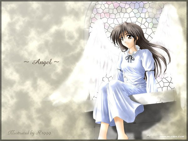 Anime picture 1024x768 with original r (artist) single long hair black hair brown eyes signed looking away barefoot inscription wallpaper angel wings soft beauty girl dress wings white dress