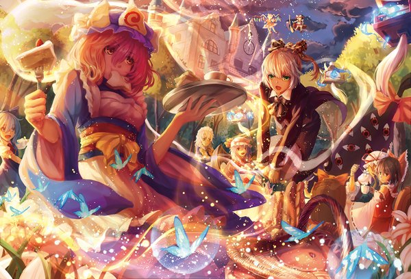 Anime picture 1321x900 with touhou hakurei reimu flandre scarlet kirisame marisa izayoi sakuya konpaku youmu yakumo yukari saigyouji yuyuko cirno ttk (kirinottk) long hair short hair open mouth blue eyes black hair blonde hair red eyes brown hair multiple girls brown eyes