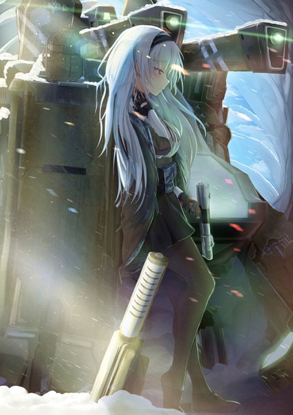 Anime picture 1736x2456 with girls frontline thunder (girls frontline) septet (zrca janne) single long hair tall image blush fringe highres red eyes standing holding silver hair full body outdoors profile wind looking down snowing scar