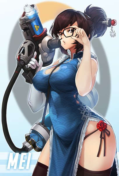 Anime picture 700x1029 with overwatch blizzard entertainment mei (overwatch) goomrrat single tall image looking at viewer fringe short hair breasts light erotic simple background brown hair large breasts standing holding brown eyes payot traditional clothes parted lips