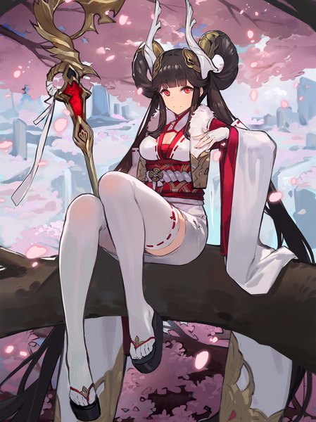 Anime picture 1370x1830 with shadowverse kishiyo single tall image looking at viewer fringe breasts black hair red eyes twintails cleavage full body blunt bangs very long hair traditional clothes japanese clothes horn (horns) wind wide sleeves fur trim