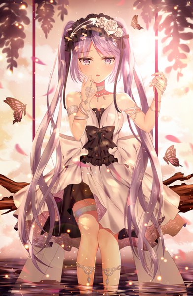 Anime picture 1669x2552 with fate (series) fate/grand order fate/hollow ataraxia euryale (fate) junpaku karen single long hair tall image looking at viewer blush sitting twintails purple eyes purple hair sunlight finger to mouth soaking feet girl dress flower (flowers)