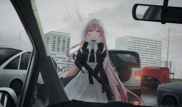 Anime picture 1400x823 with original chihuri looking at viewer blush fringe open mouth hair between eyes wide image holding pink hair sky cloud (clouds) outdoors very long hair :d wind grey hair off shoulder maid orange eyes